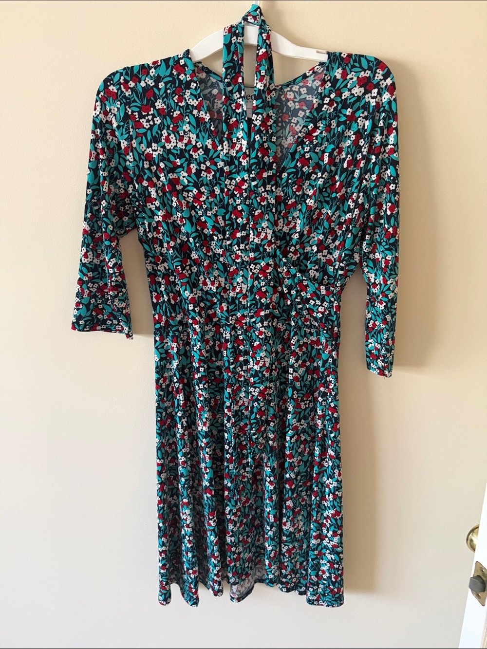 Leota Teal, Red and White Floral V-Neck Midi Dress